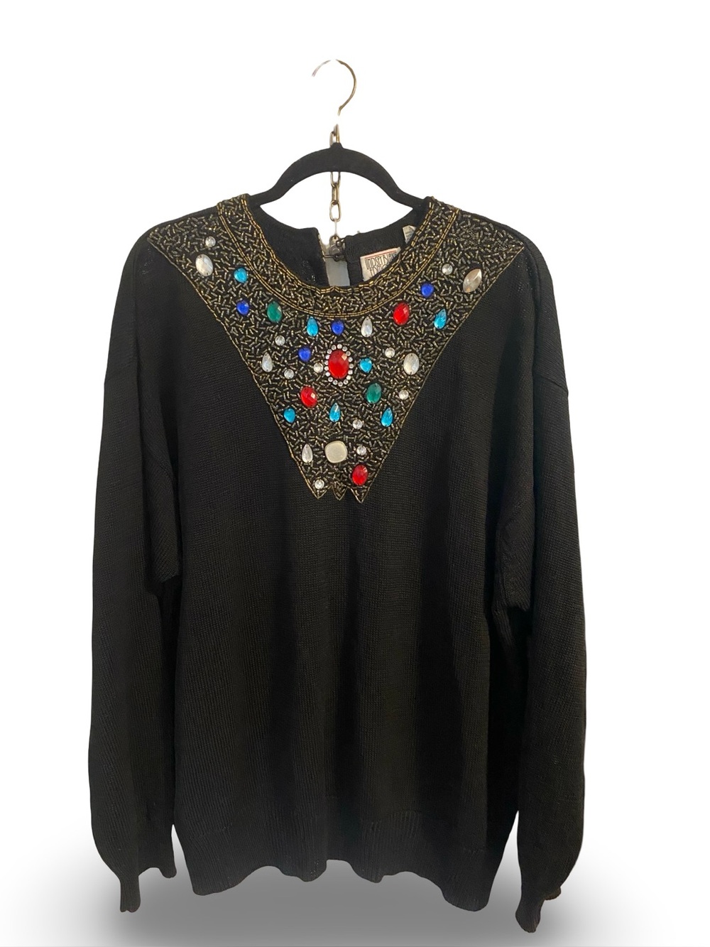 Vintage Black Embellished Sweater with Multicolor Gems